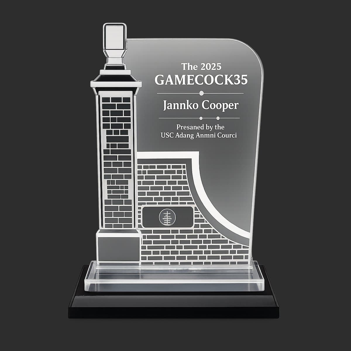 Custom acrylic recognition award with etched stadium architecture