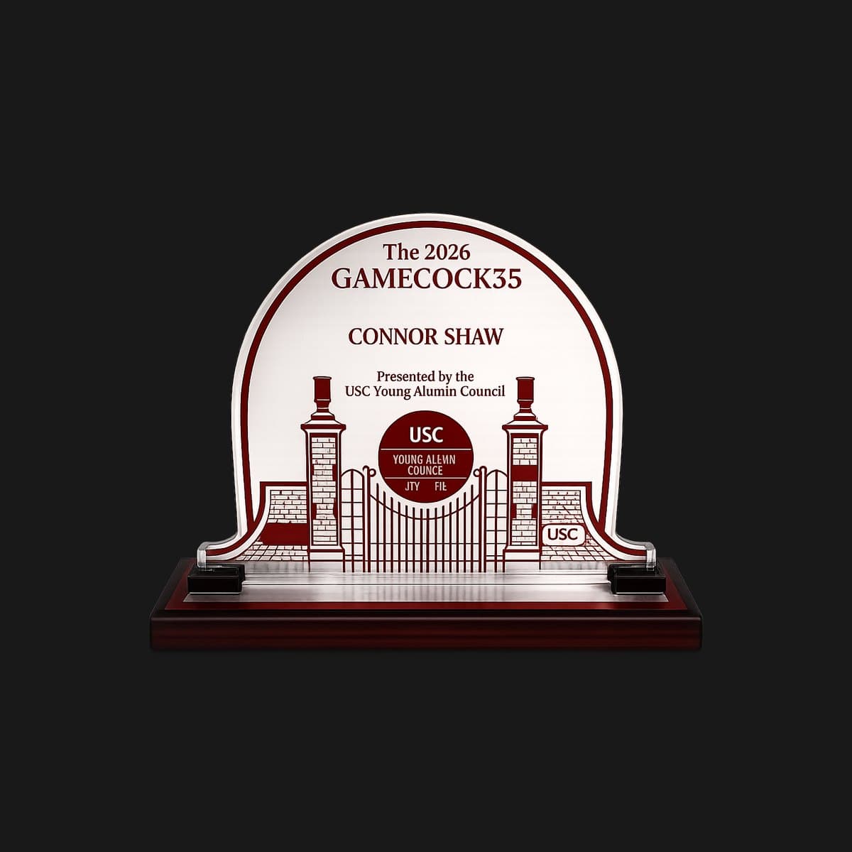 Custom acrylic recognition award with an etched stadium gate