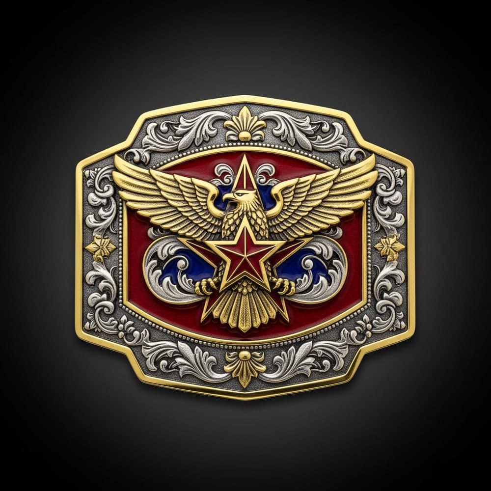 Elite die-struck custom belt buckle with 3D eagle relief, enamel color, and two-tone gold and silver plating