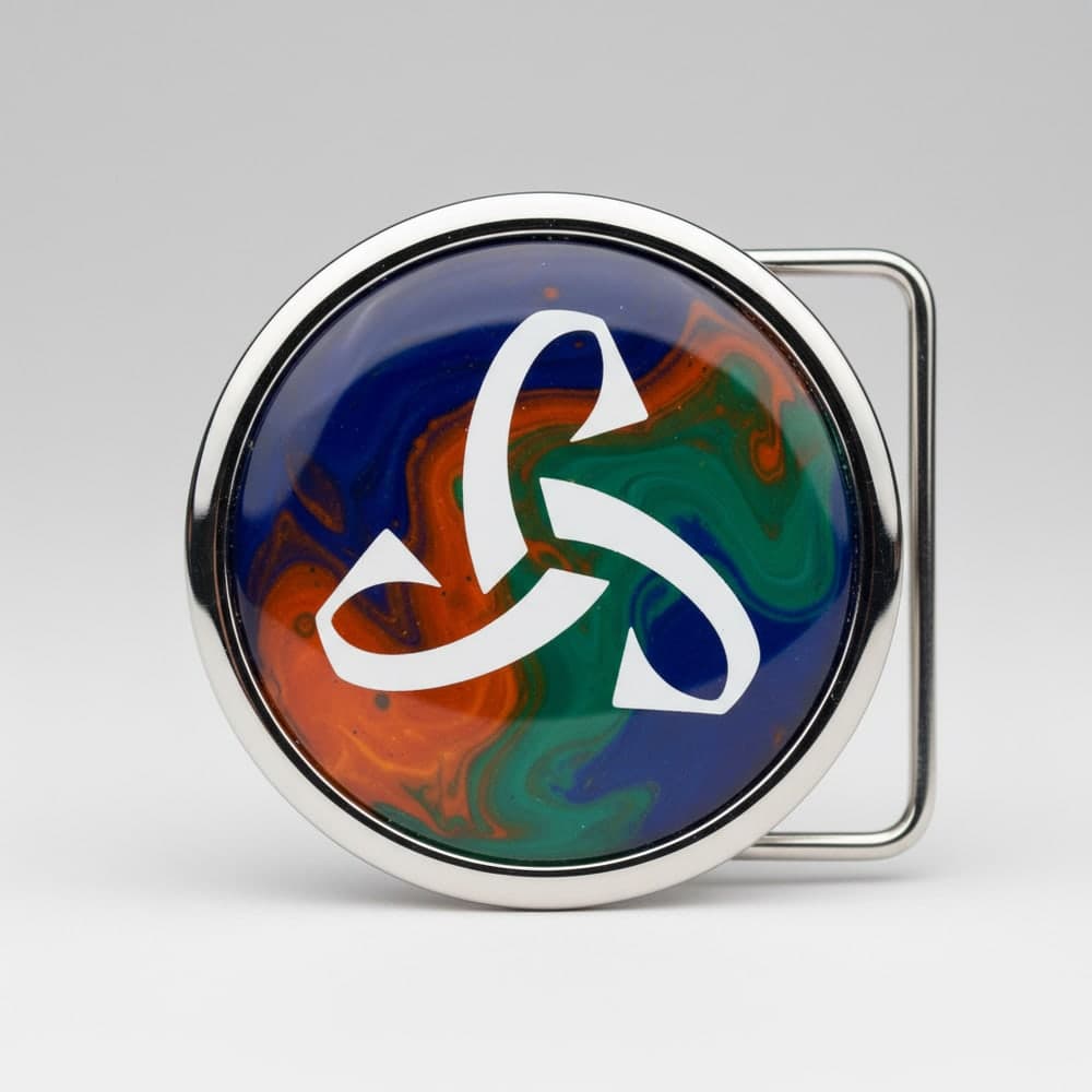 Express round custom belt buckle with a full-color enamel center medallion and polished rim