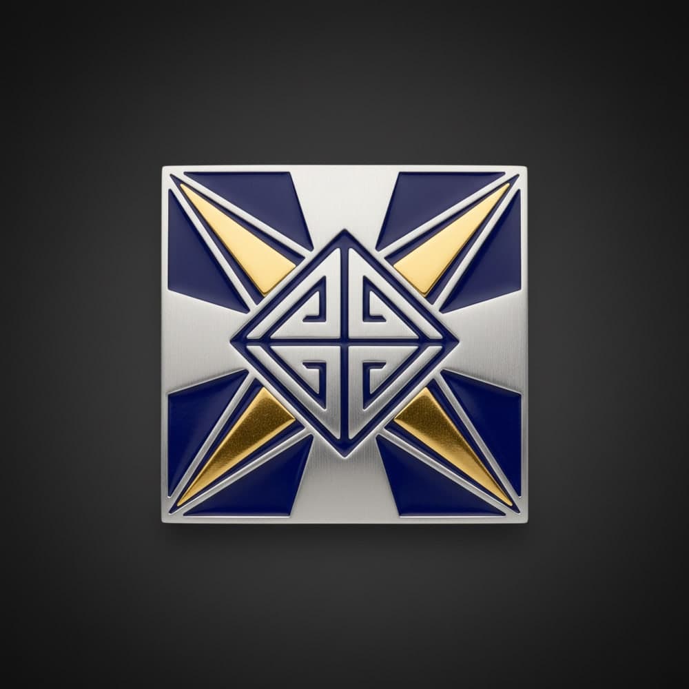 Modern rectangular custom belt buckle in brushed silver with blue and gold enamel geometric emblem
