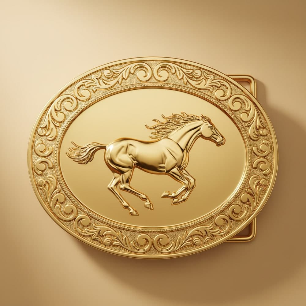 Gold Western custom belt buckle with engraved scrollwork and a 3D running horse relief