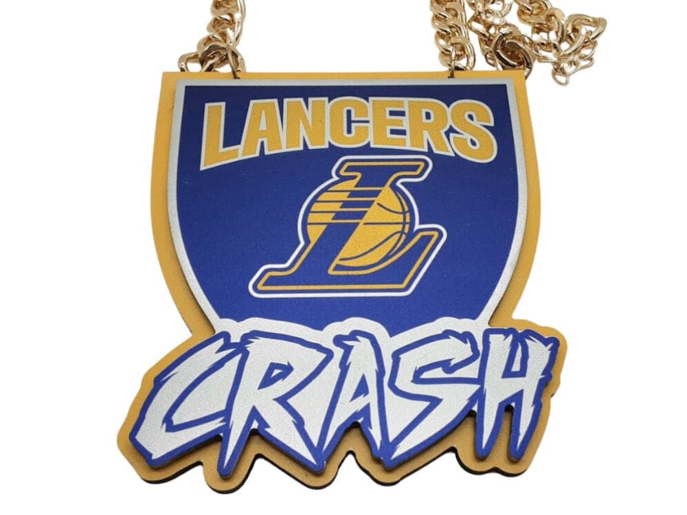 Custom championship chain with a die-cut lettered team medallion in blue and gold