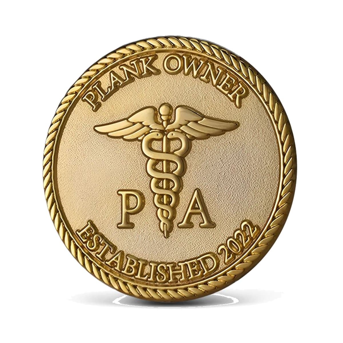 Custom die-struck physician assistant challenge coin with caduceus in antique gold