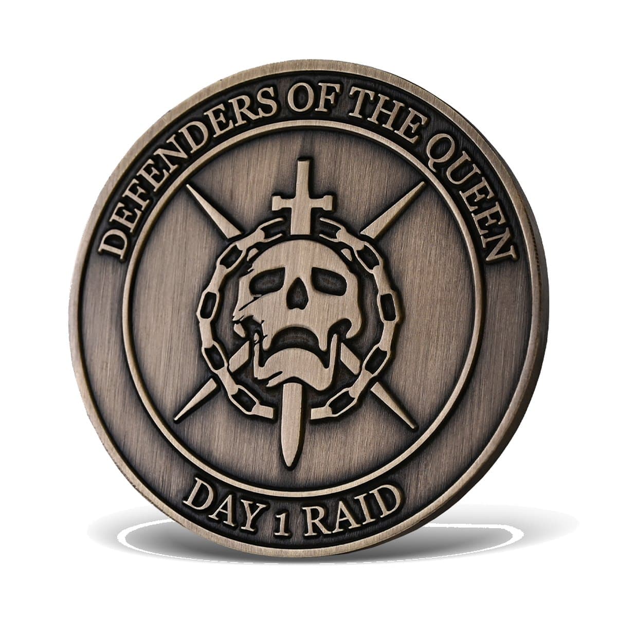Custom die-struck skull challenge coin in antique silver