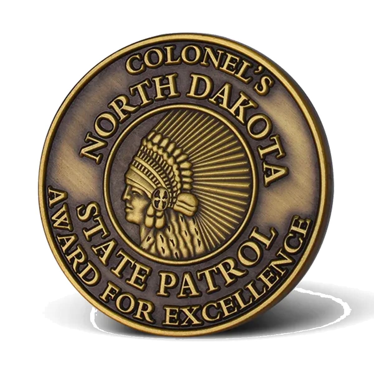 Custom die-struck state patrol award challenge coin in antique gold