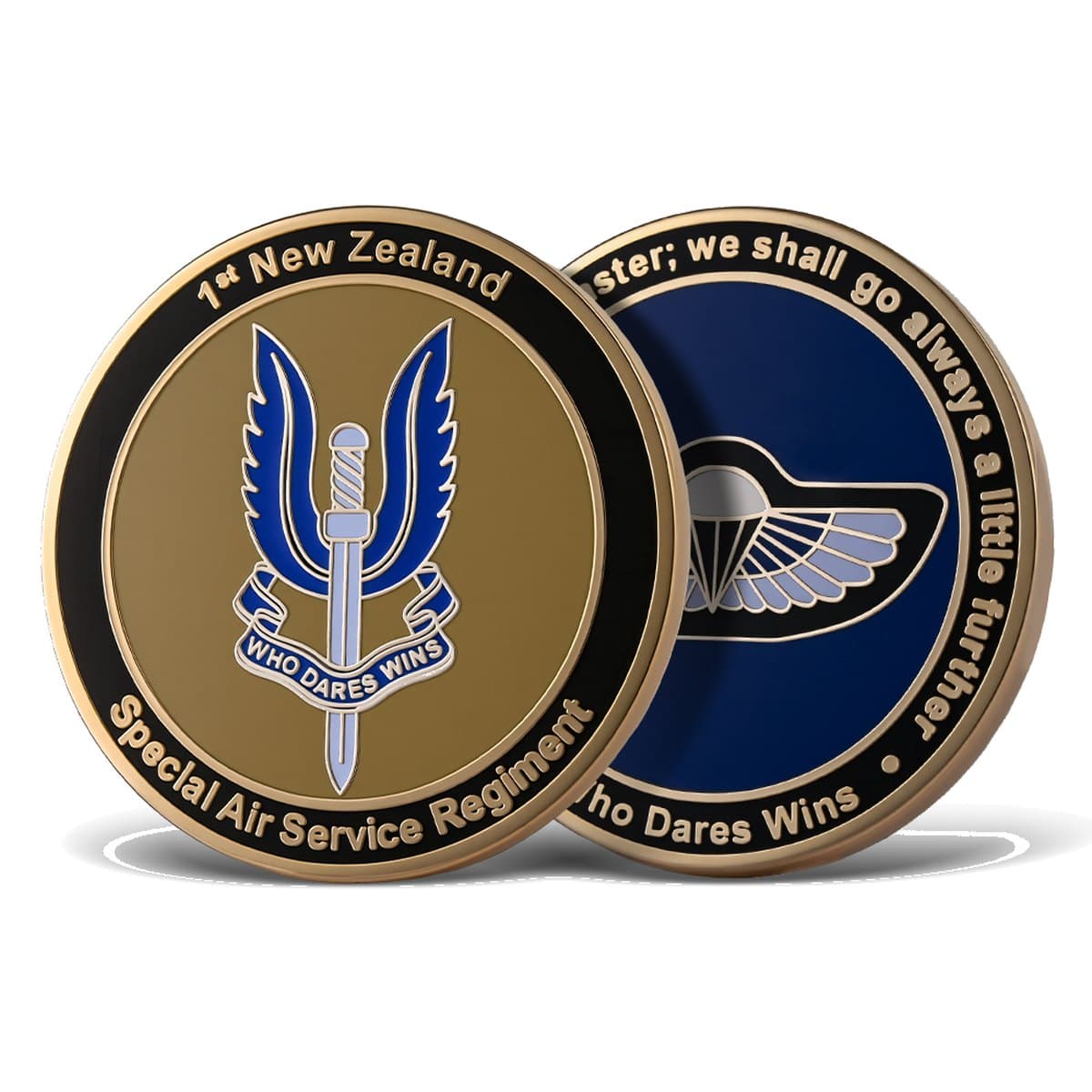 Custom hard enamel school mascot challenge coin in navy and gold