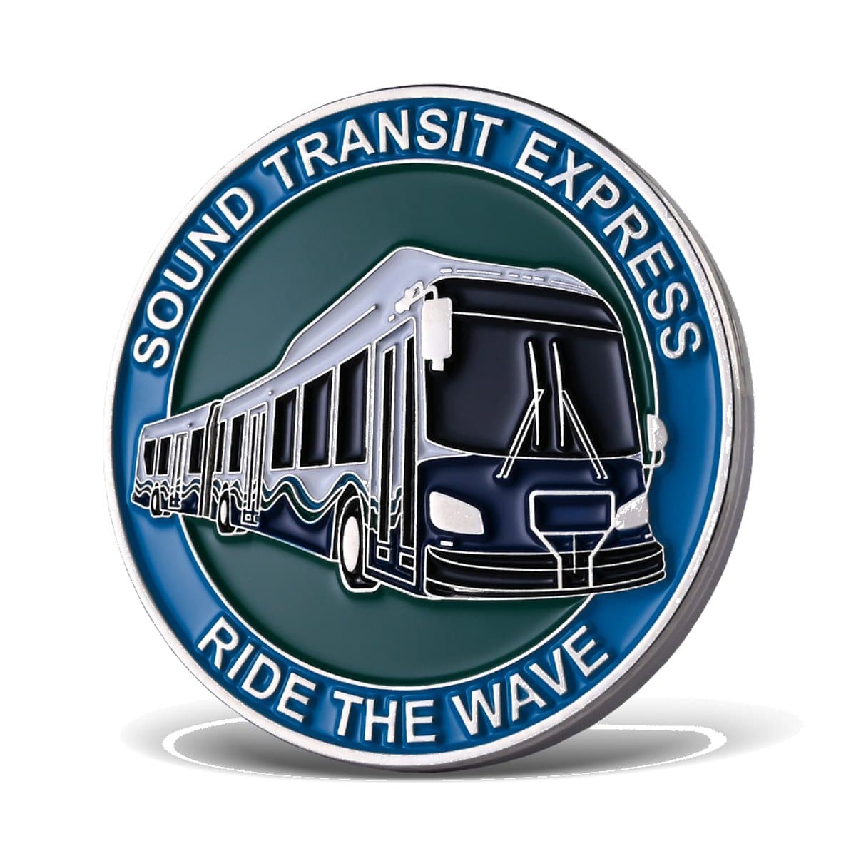 Custom soft enamel transit authority challenge coin with full-color bus