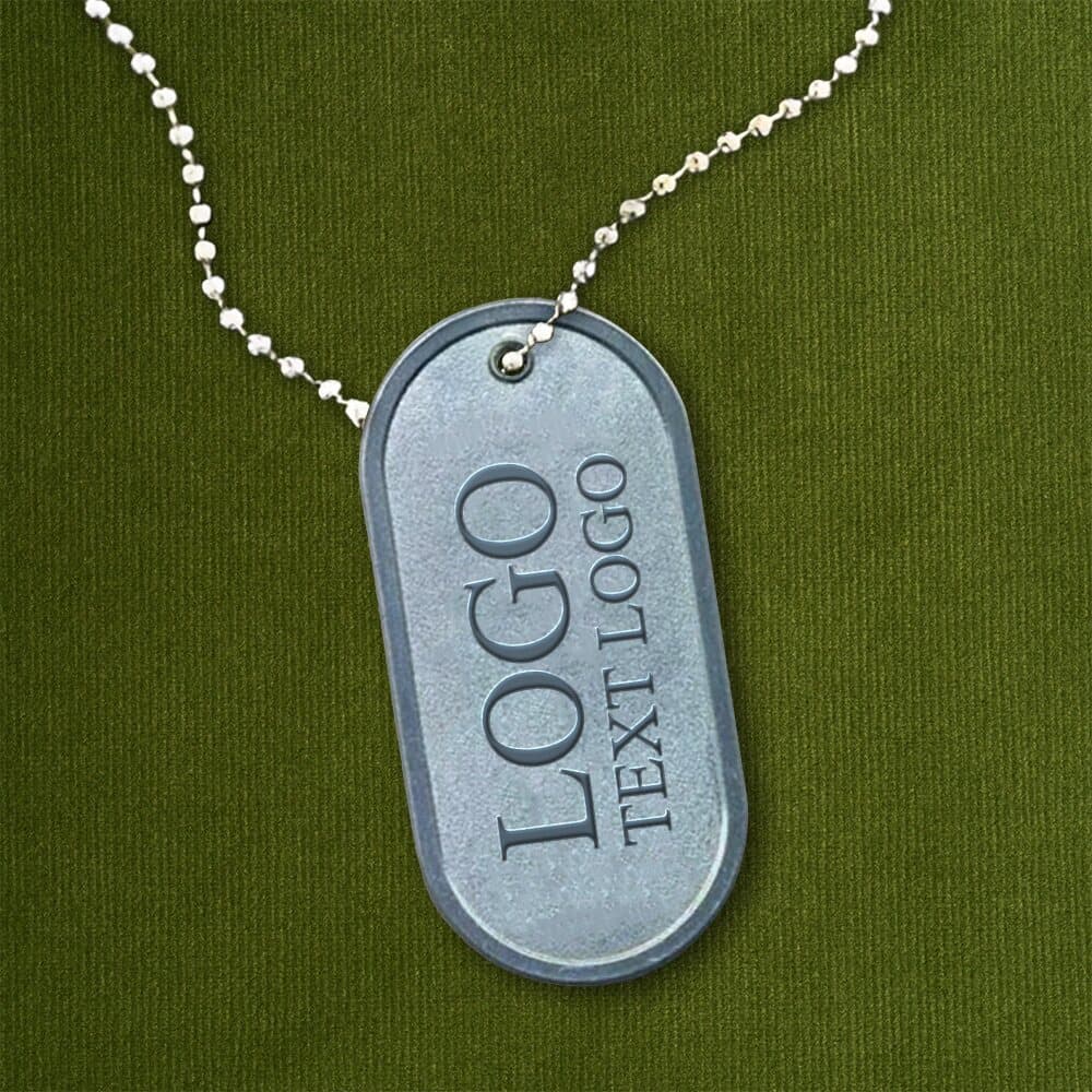 Custom die struck dog tag with a raised logo on a ball chain