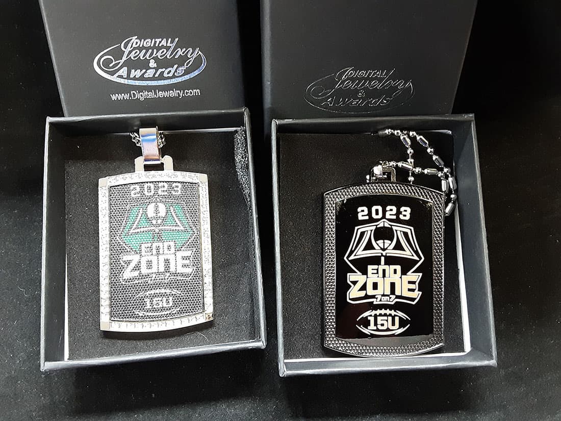 Custom football team dog tags with helmet logo engraving