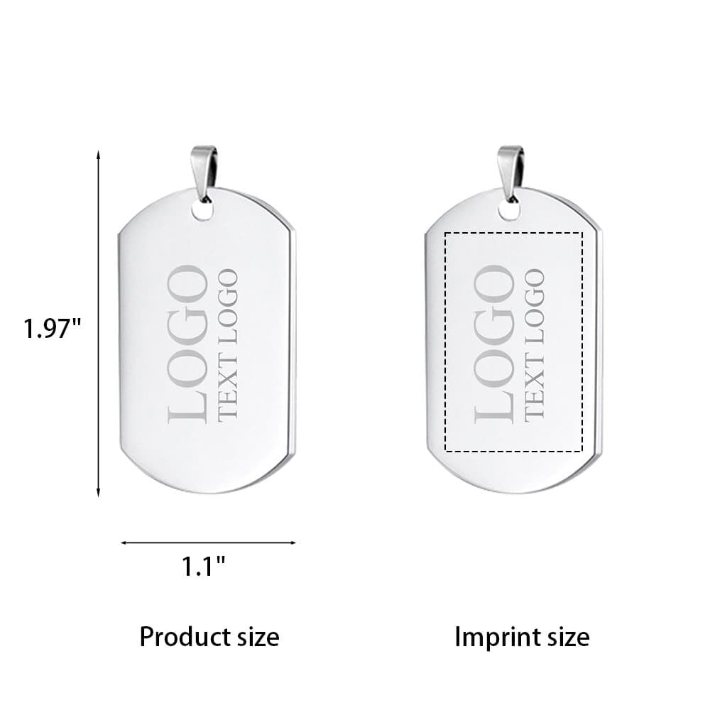 Military size stainless steel dog tag, 1.97 by 1.1 inches, with its imprint area
