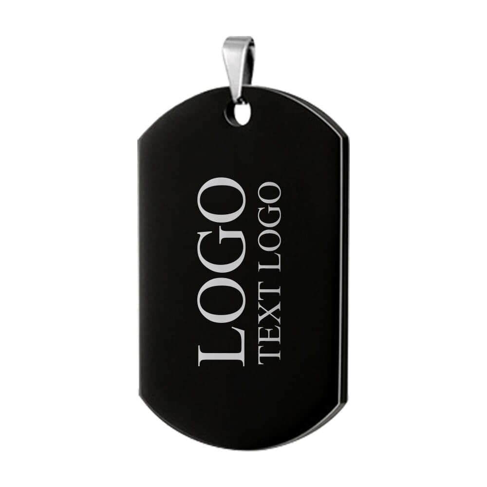 Custom black stainless steel dog tag with a laser engraved logo