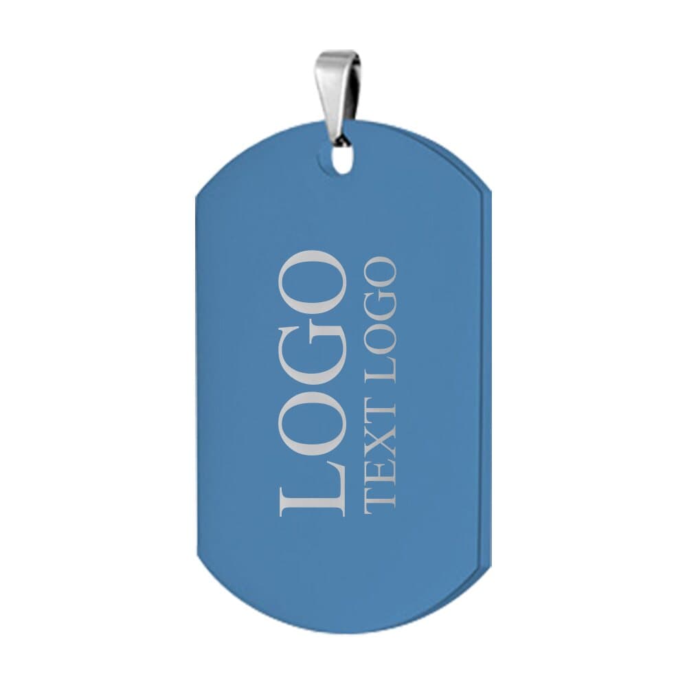 Custom blue stainless steel dog tag with a laser engraved logo