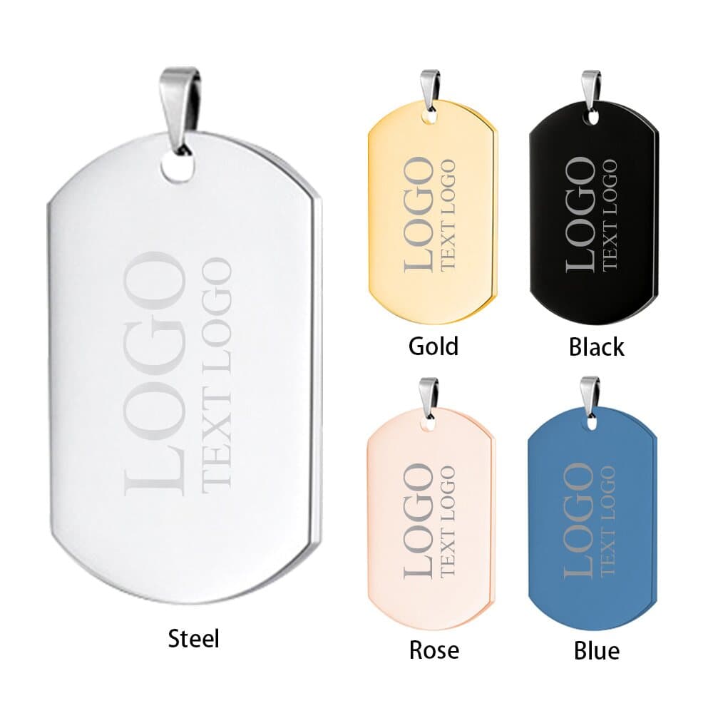 Custom stainless steel dog tags in steel, gold, black, rose gold and blue