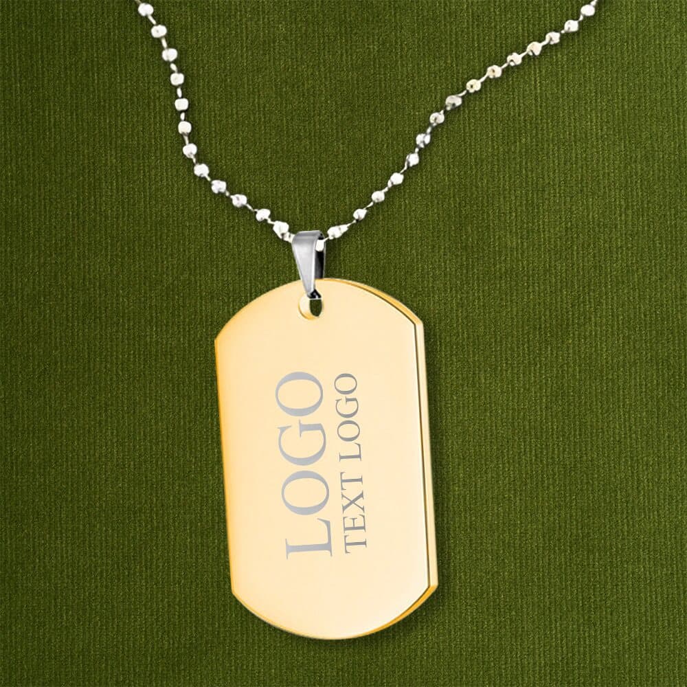Custom stainless steel dog tag in gold on a ball chain