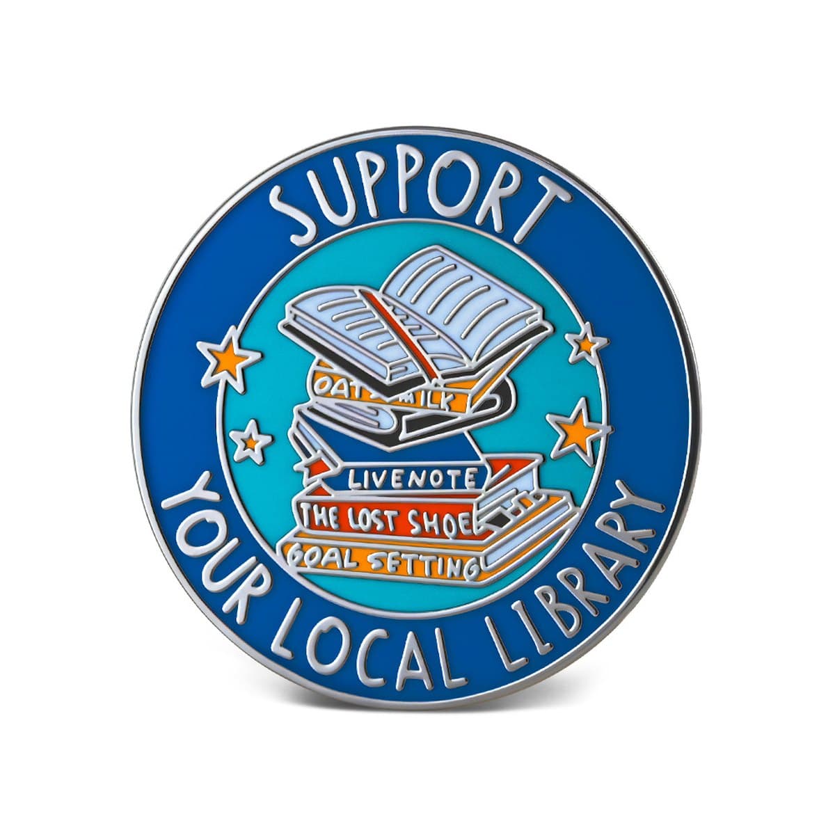 Custom hard enamel round library support lapel pin in blue and gold