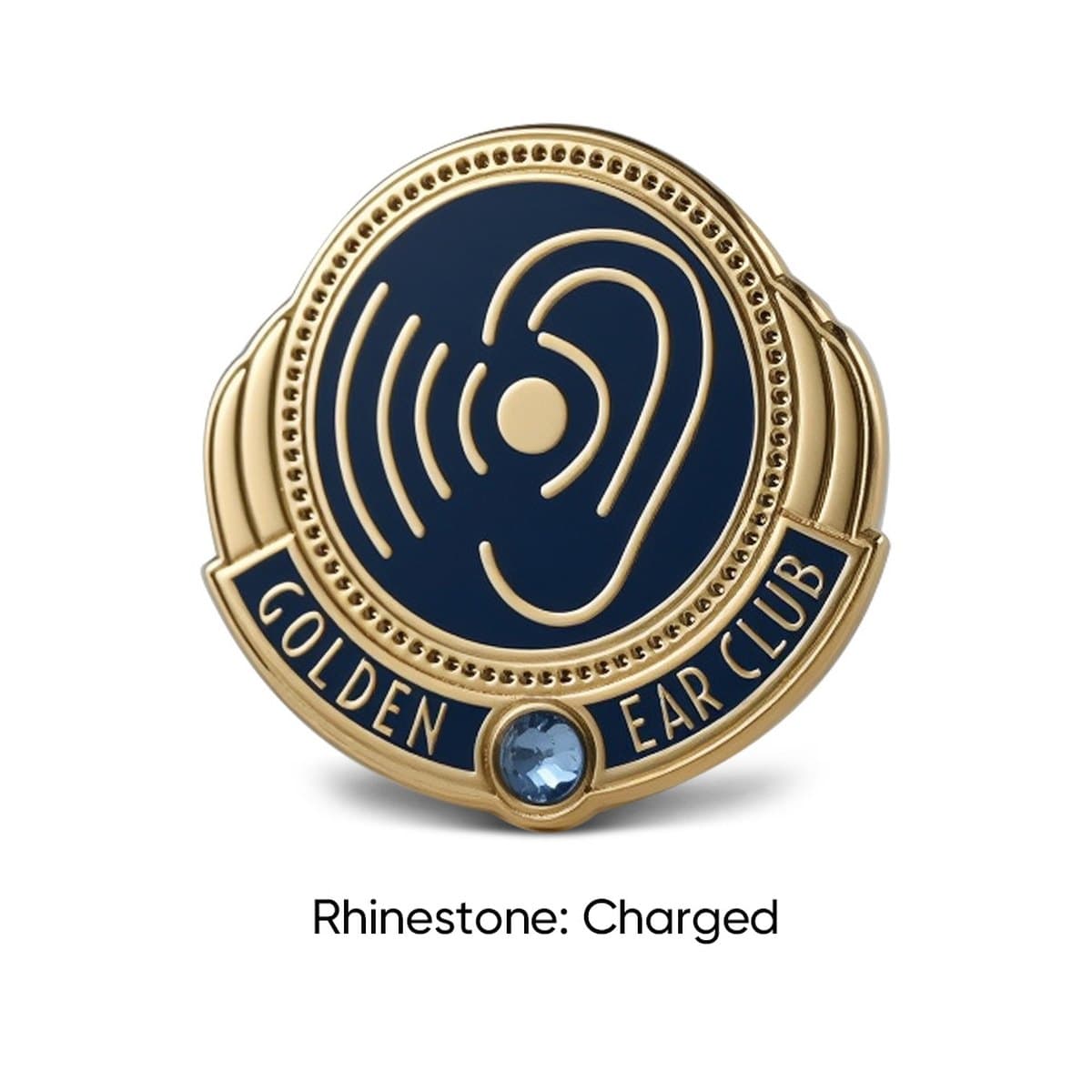 Custom hard enamel lapel pin with a set rhinestone accent and gold plating