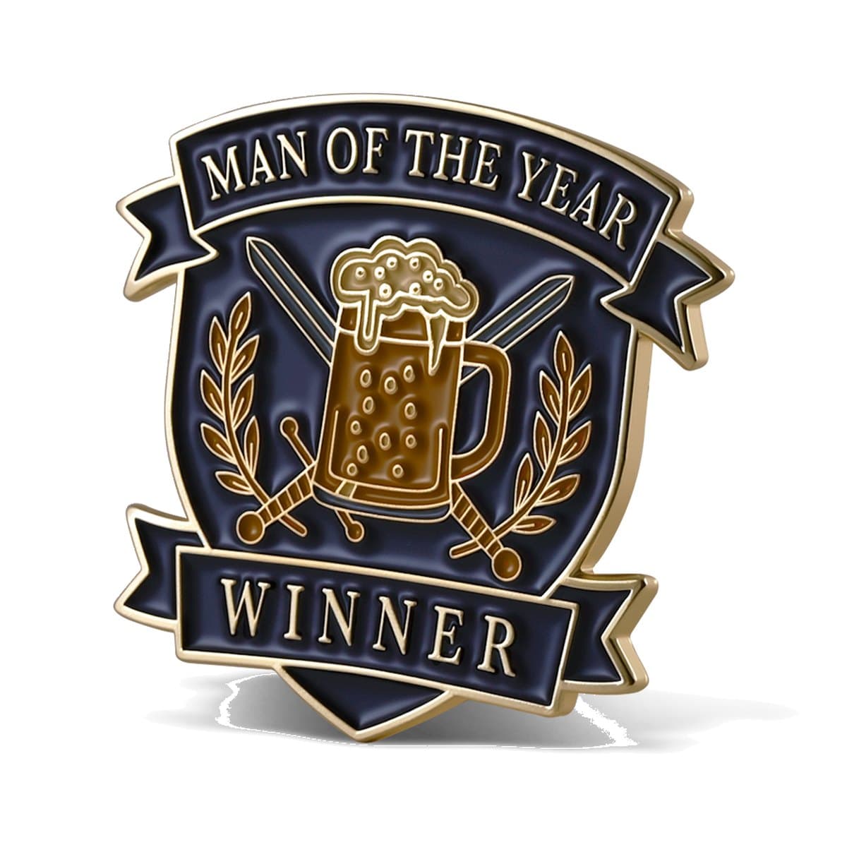 Custom soft enamel Man of the Year lapel pin with beer stein and banner