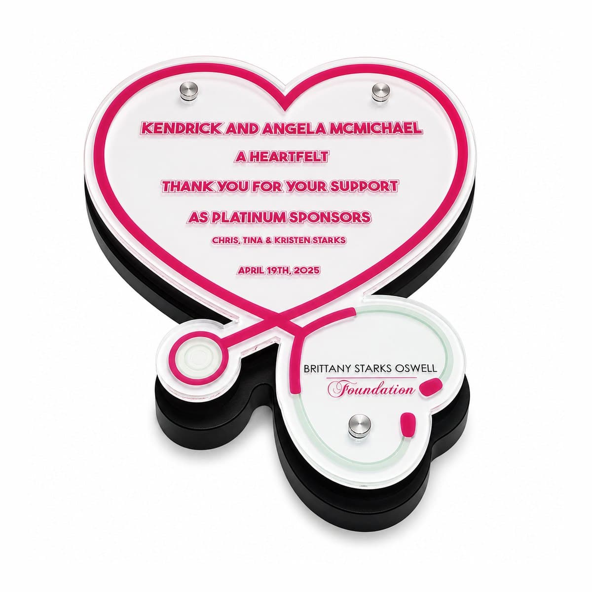 Custom acrylic heart-shaped sponsor and donor recognition plaque