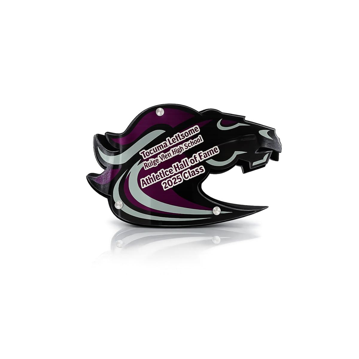 Custom athletic hall of fame die-cut plaque with dimensional mascot artwork