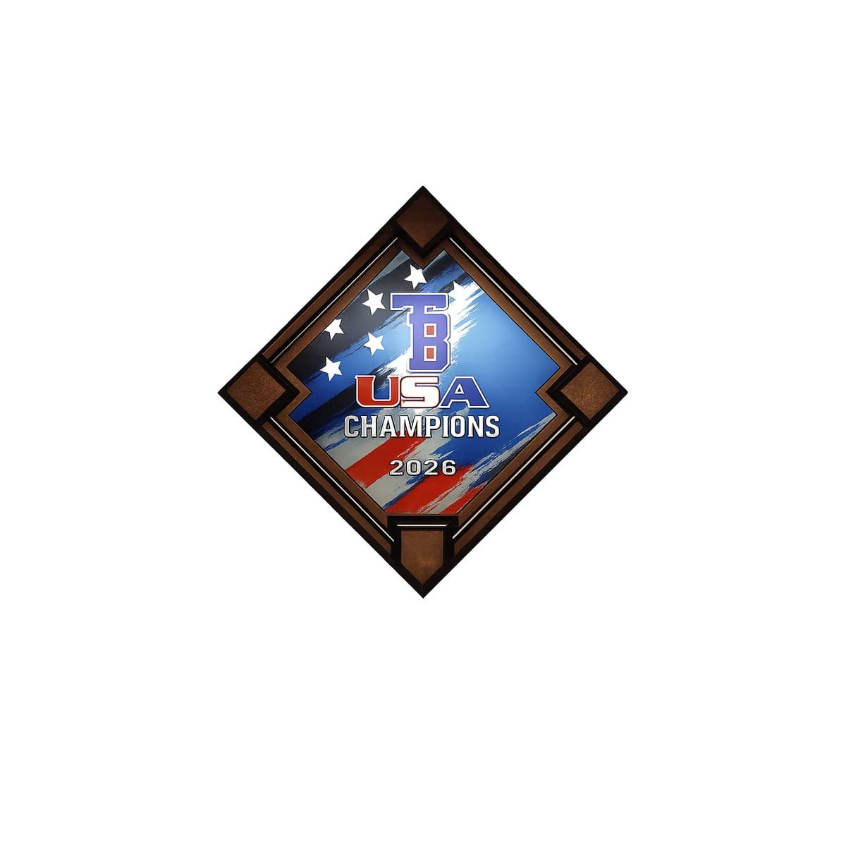Custom baseball champions plaque shaped like a baseball diamond with full-color emblem