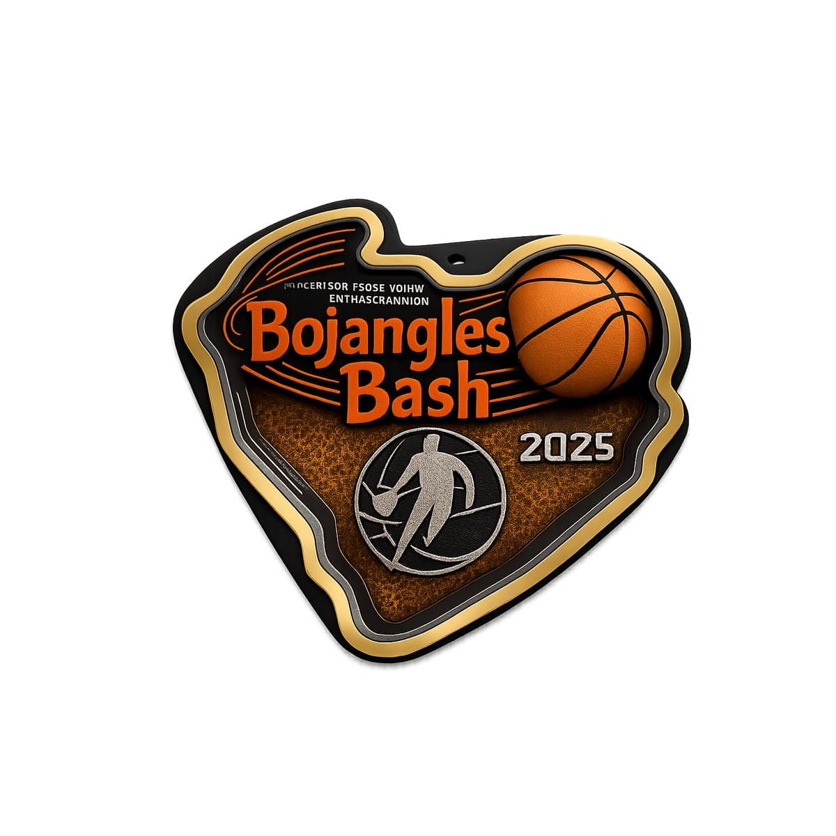 Custom basketball tournament die-cut plaque with full-color logo and gold trim