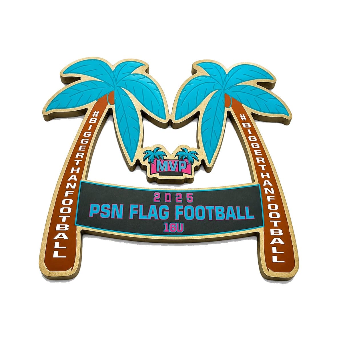 Custom flag football MVP plaque with die-cut palm tree design and full-color print