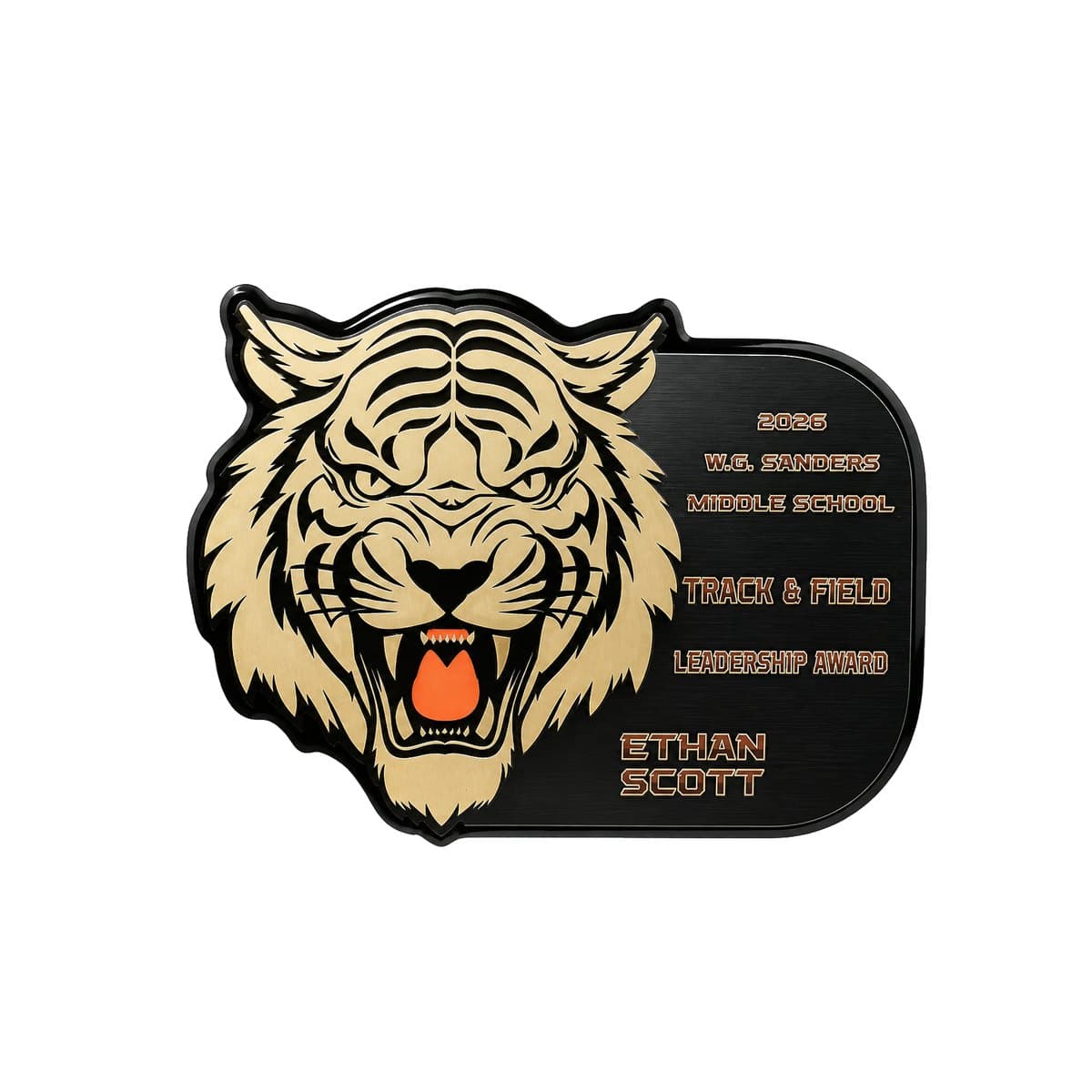 Custom leadership award plaque with die-cut tiger head and engraved details