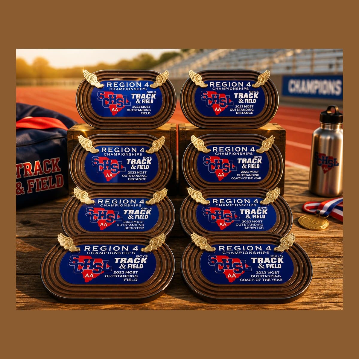 Custom track and field team award plaques produced in bulk for a full region