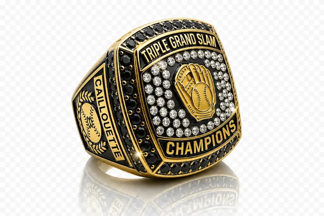 Youth Baseball Champion Rings by Colucci Custom Awards — a finished ring photographed in the workshop