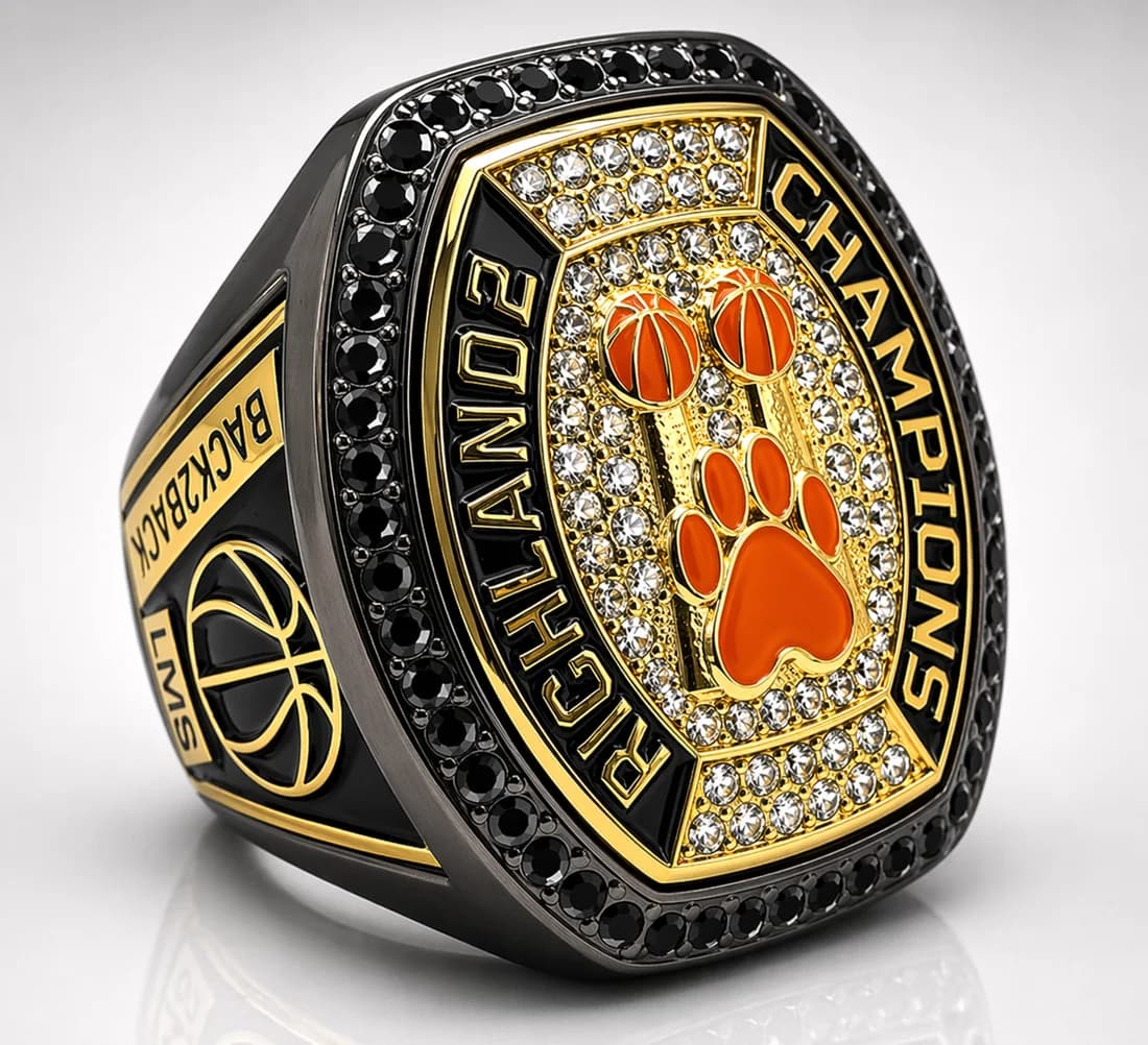 Basketball State Championship Rings by Colucci Custom Awards — a finished ring photographed in the workshop