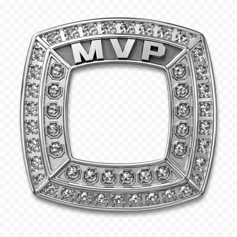 Baseball MVP Rings by Colucci Custom Awards — MVP across the top, with the player name and number on the side panels