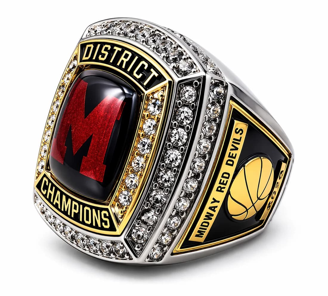 Finished custom championship ring by Colucci Custom Awards, shown here as a District Champions ring. Your own artwork replaces the design shown.
