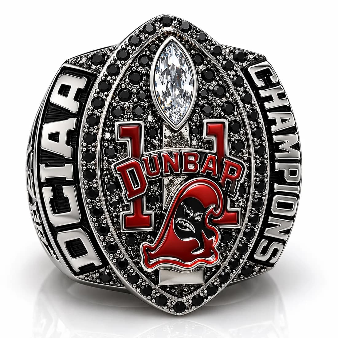 Finished custom championship ring by Colucci Custom Awards, shown here as a conference champions football ring. Your own artwork replaces the design shown.