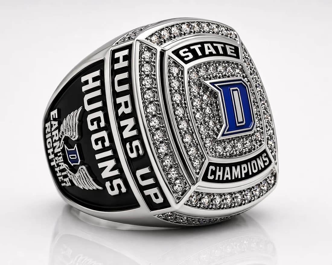 High School Championship Rings by Colucci Custom Awards — a finished ring photographed in the workshop