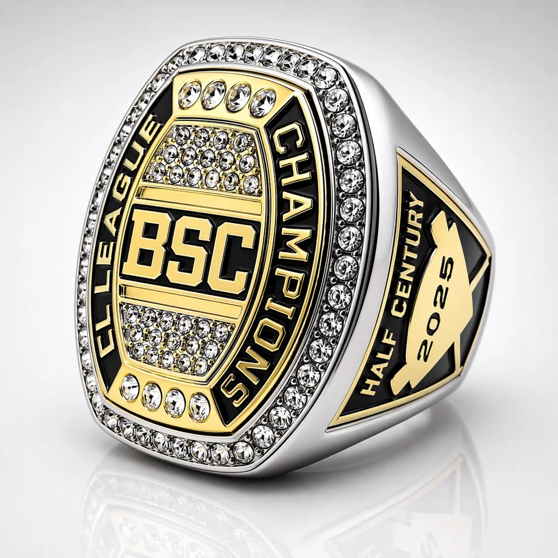 League Championship Rings by Colucci Custom Awards — a finished ring photographed in the workshop