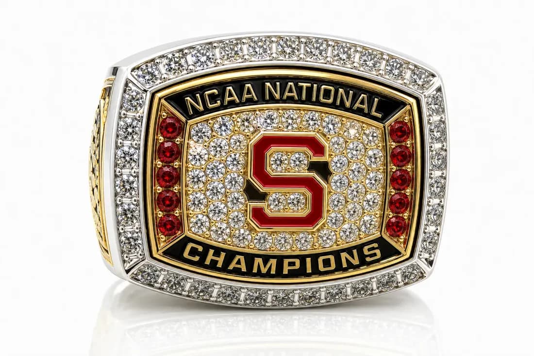 National Championship Rings by Colucci Custom Awards — a finished ring photographed in the workshop