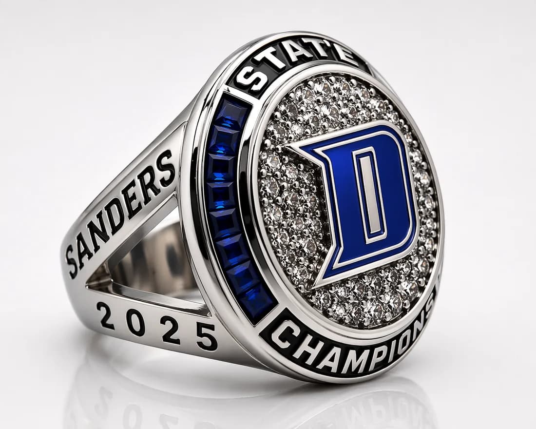 State Championship Rings by Colucci Custom Awards — a finished ring photographed in the workshop