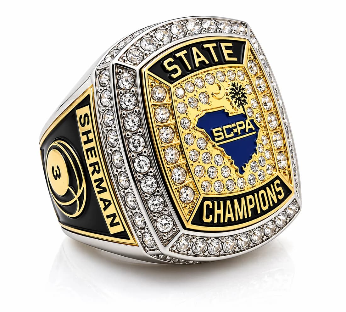Finished custom championship ring by Colucci Custom Awards, shown here as a state champions ring. Your own artwork replaces the design shown.
