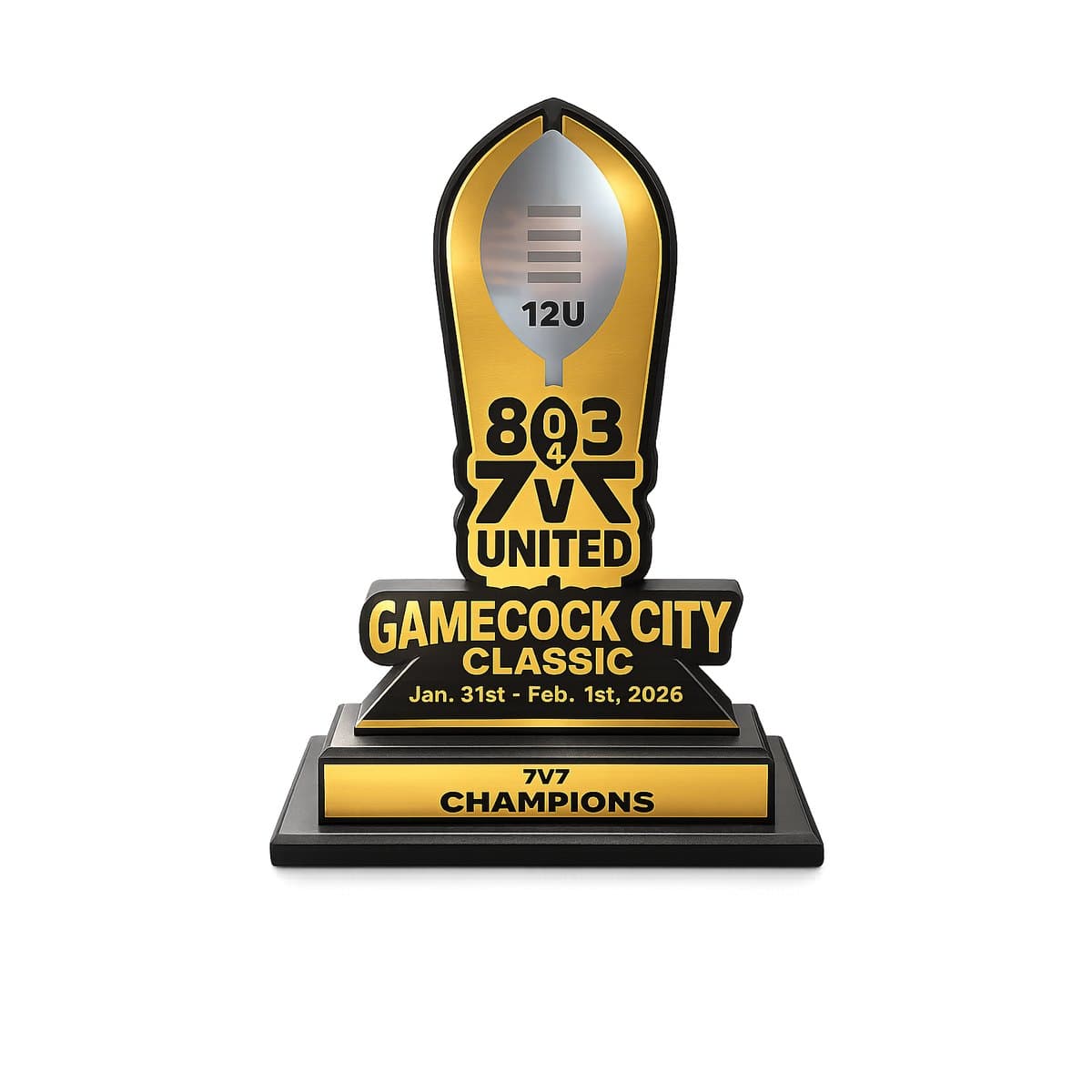 Custom 7v7 football championship trophy with gold football and engraved title base