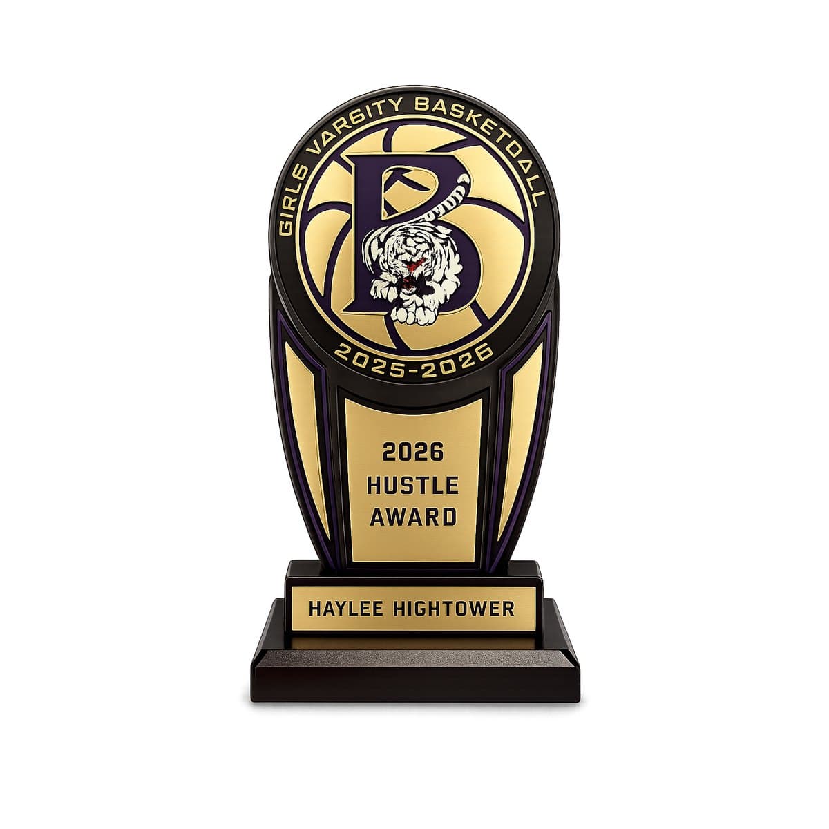 Custom girls varsity basketball hustle award trophy with engraved nameplate