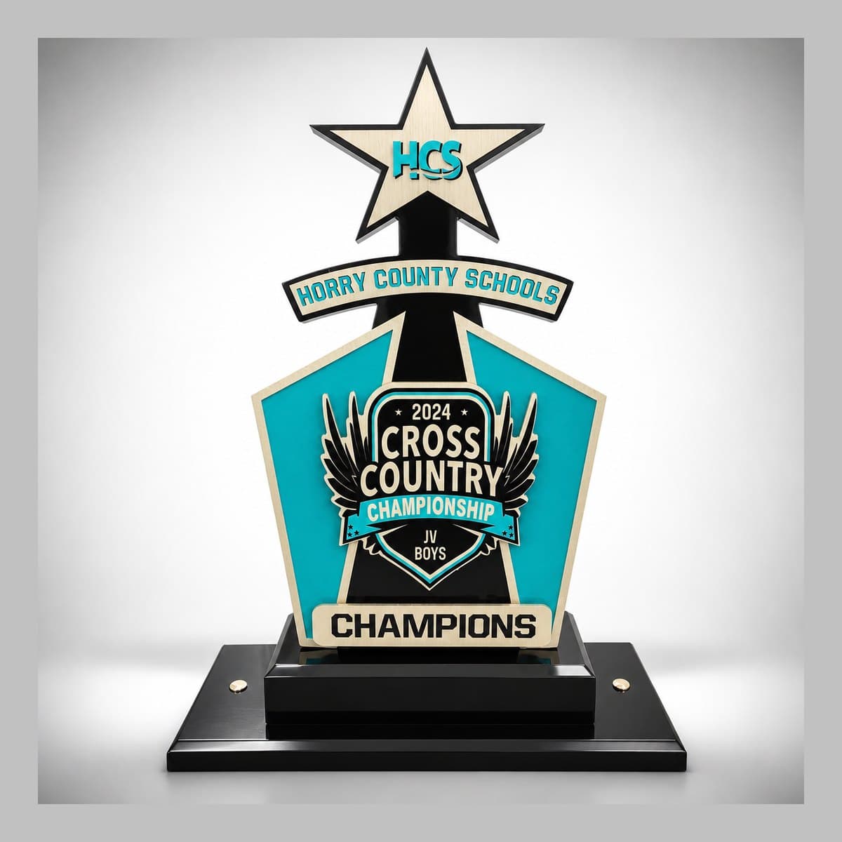Custom cross country championship trophy with star topper and full-color team branding