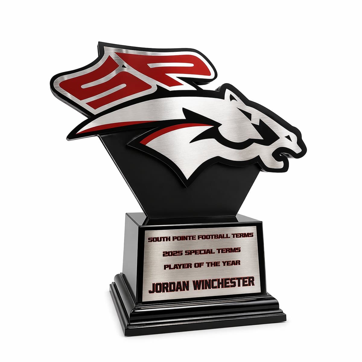 Custom football player of the year trophy with die-cut team logo and engraved nameplate