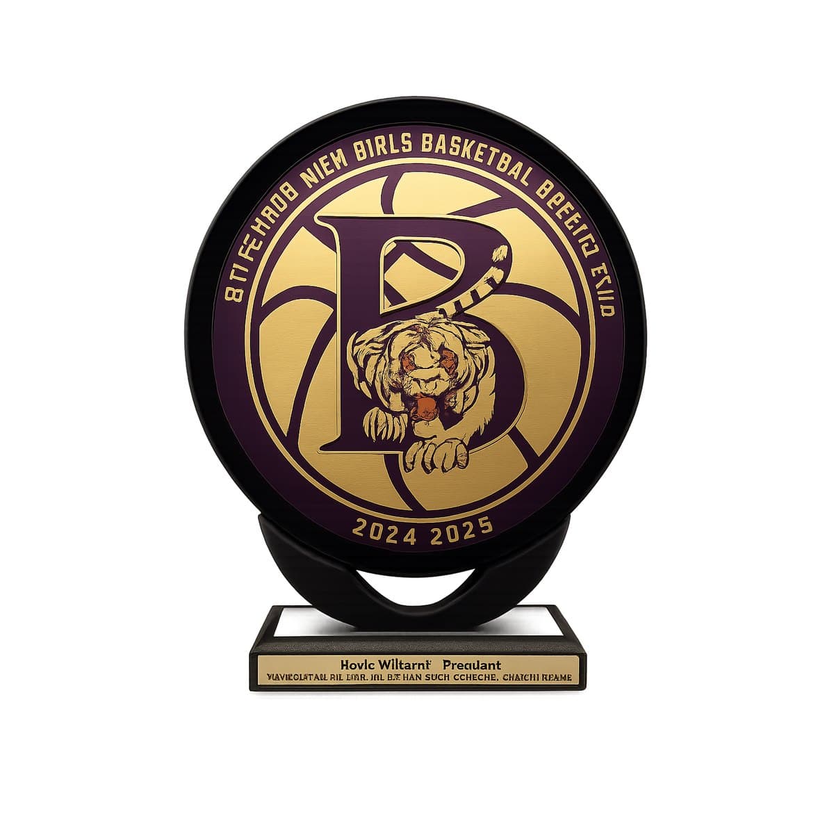 Custom girls basketball trophy with die-cut team logo and full-color emblem