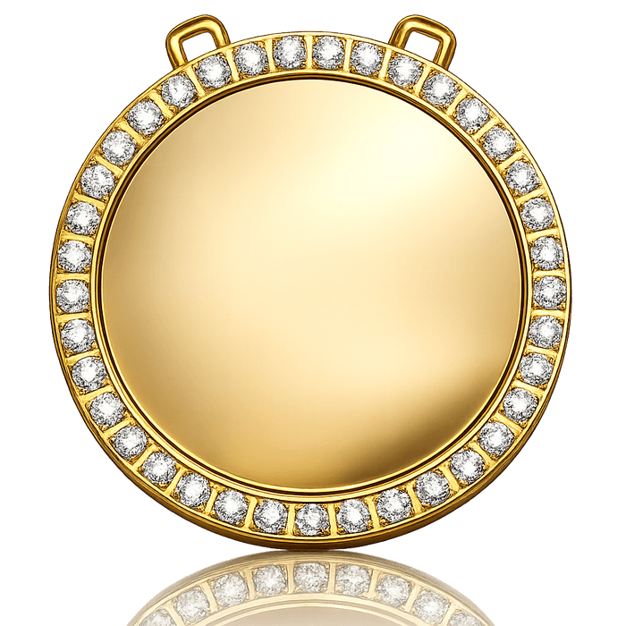 Eight inch round gold championship medallion with a stone-set border