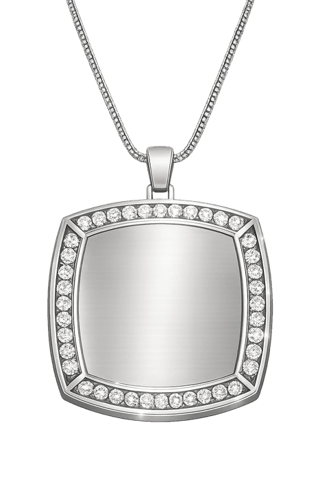 Silver cushion-shaped pendant with a stone-set border on a box chain
