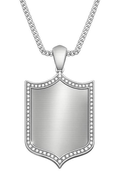 Silver shield pendant with a stone-set border on a box chain