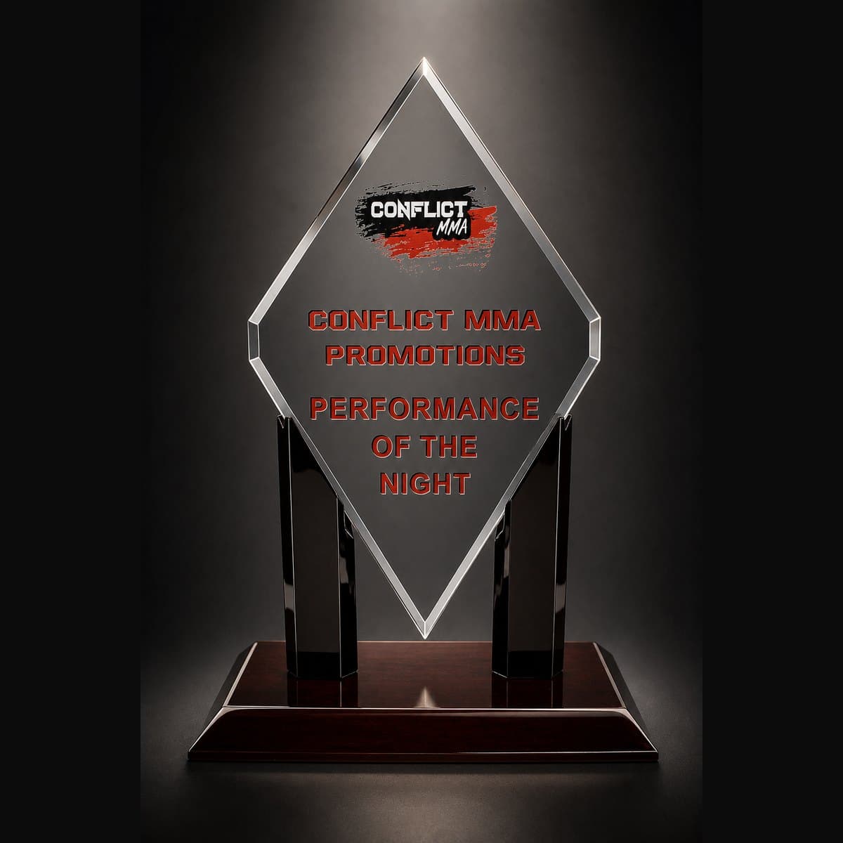 Custom diamond-cut acrylic MMA performance award on a wood base by Colucci Custom Awards