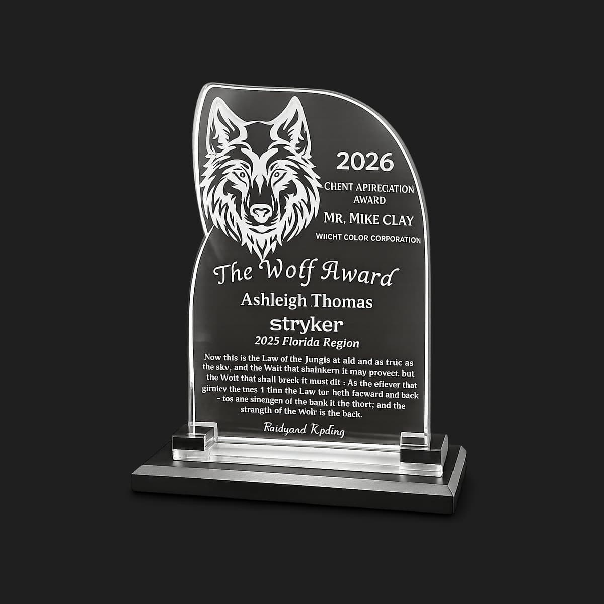Custom acrylic Wolf Award recognition plaque with etched wolf head on a wood base