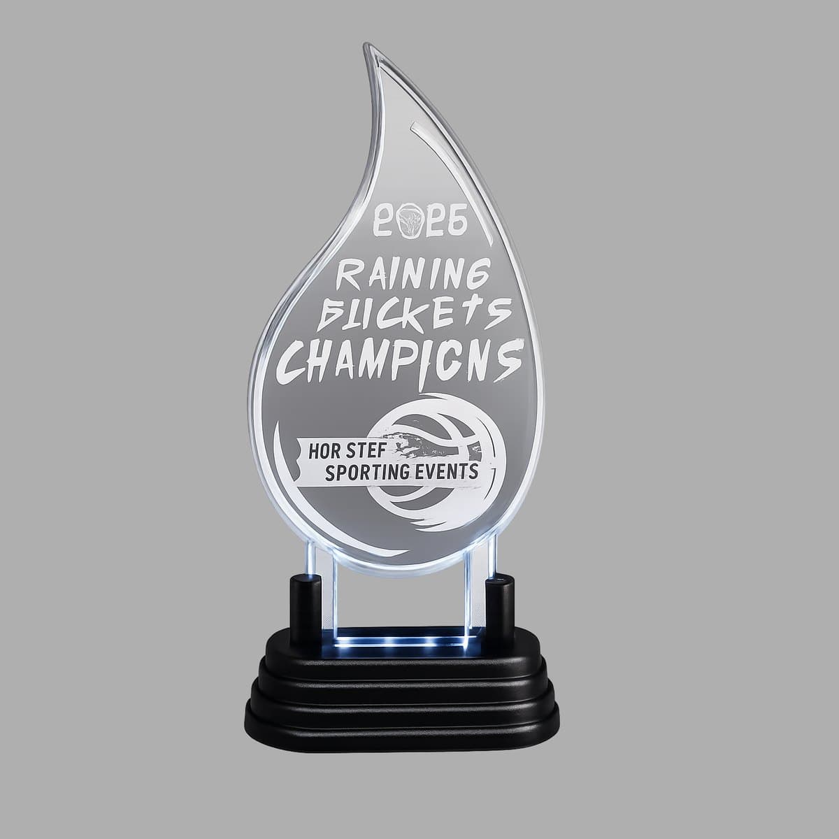 Custom LED-lit flame acrylic basketball champion award on a lighted base